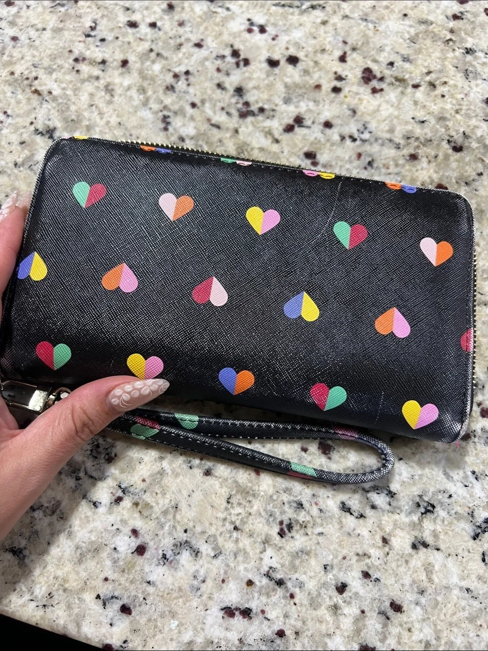 Betsey Johnson Black Zip-Around Wallet with Multicolor Heart Print